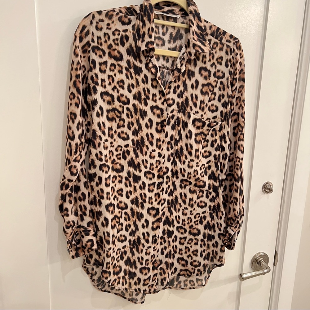 Zara long button up animal print blouse